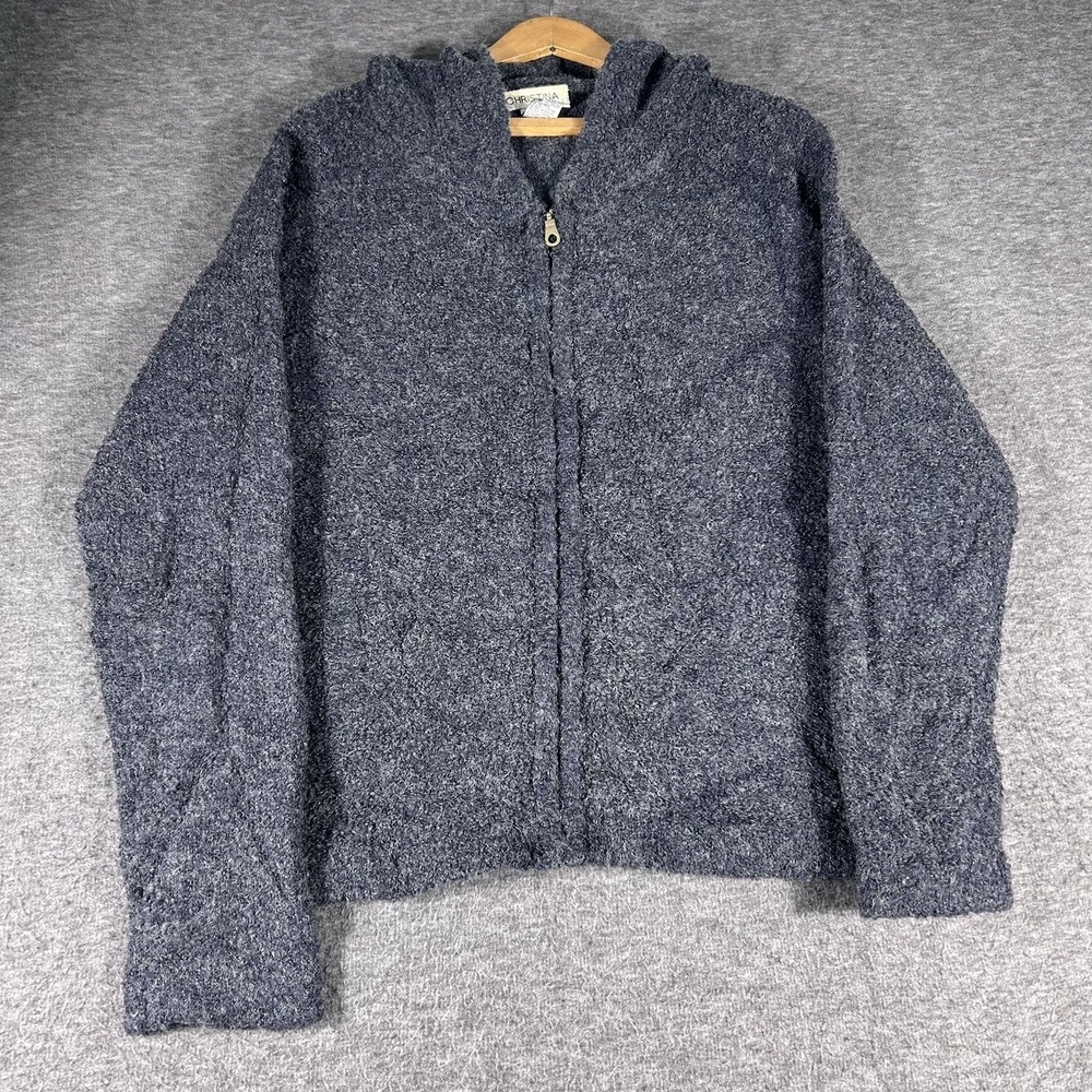 Vintage Women's Grey Textured Hooded Cardigan Wool Blend Zip Up Knit Sweater L